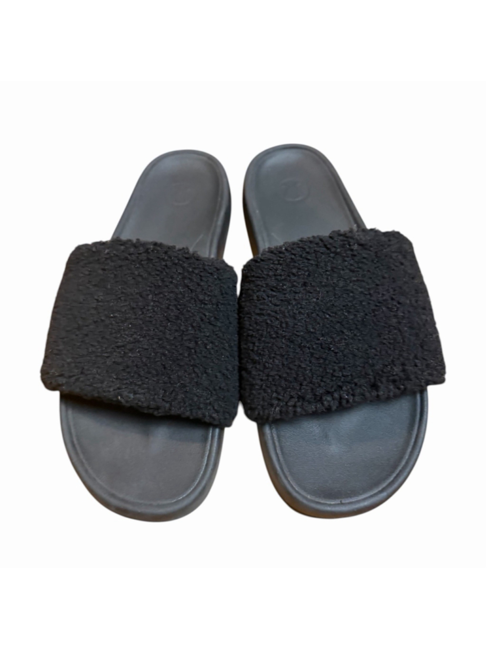 LULULEMON RESTFEEL FLEECE SLIDES BLACK WOMENS SIZE 12 GOLD LOGO